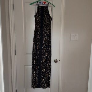 Like New!  Belle Badgley Mischka Black Evening Dress with Gold Lace Detail